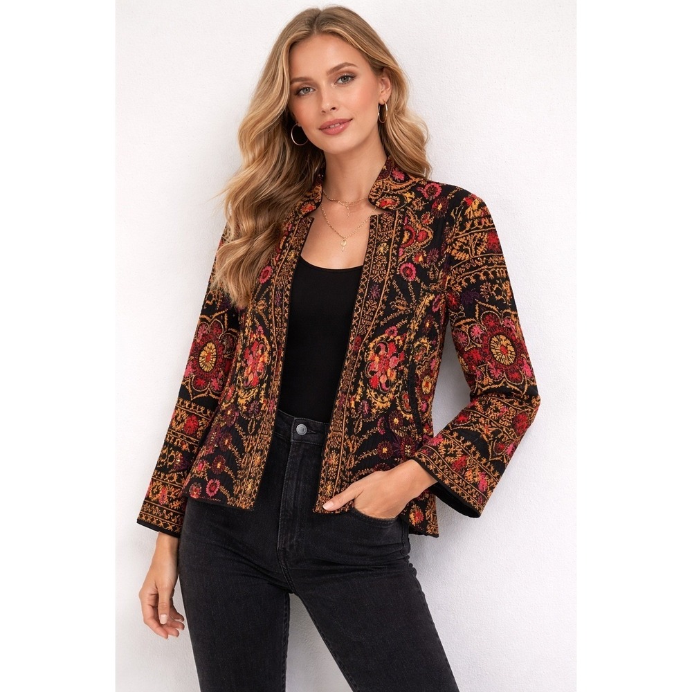 Moth Anthropologie Floral Jacquard Knit Blazer Cardigan Black Multi XS Artsy